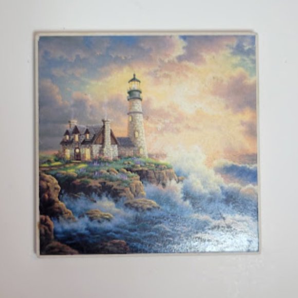 SET OF 4 VINTAGE CERAMIC TILE LIGHT-HOUSE NAUTICAL COASTERS WITH WOODEN HOLDER - Picture 3 of 7